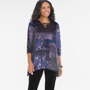 Chico's Purple & Blue Floral Paisley Velvet 3/4 Sleeve Midnight Patchwork Tunic